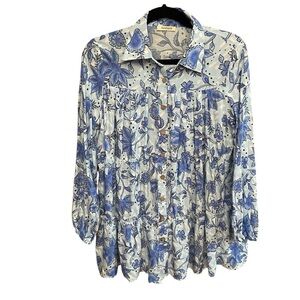 Sunday Up Women’s Tiered Tunic/Shirt Dress Size S Blue Floral Peasant Coastal